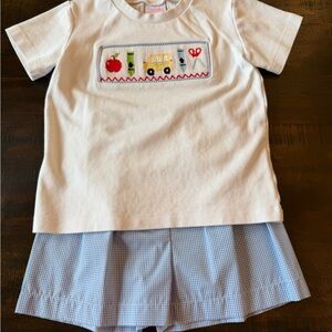 White Smocked School Motif Smocked Tee with Blue Gingham Skirt